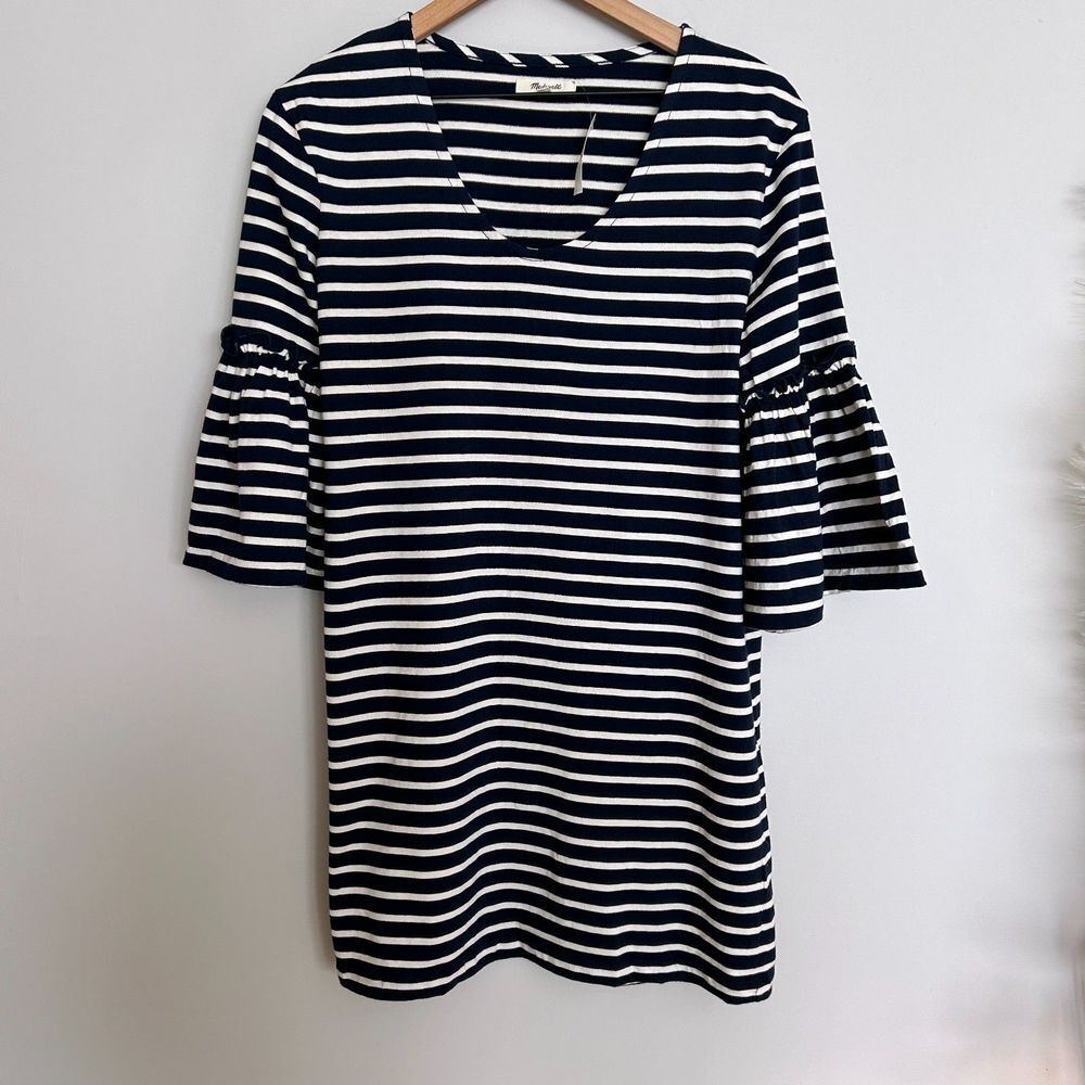 Madewell Ruffle Sleeve Nautical Striped Cotton Dress